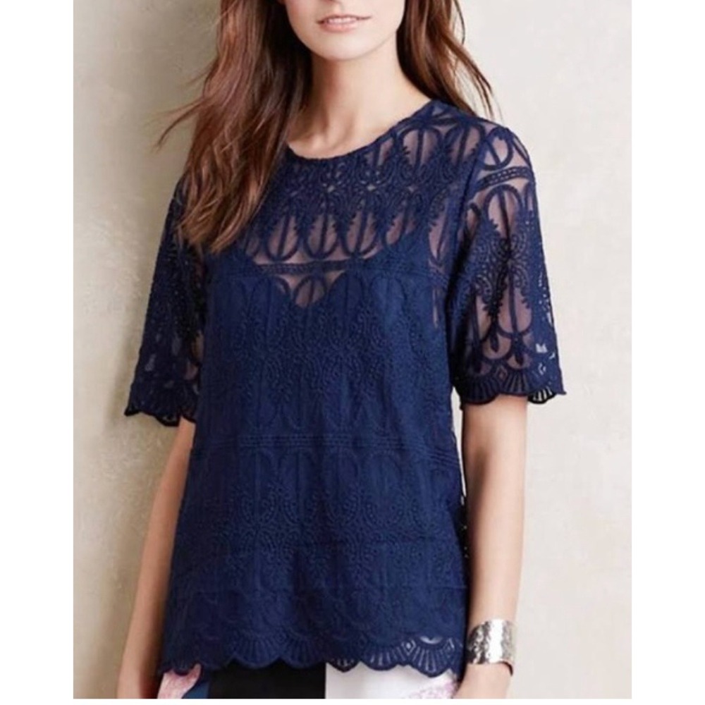 Anthropologie En Elle Blue Sheer Lace Medallion Scalloped Sleeve Blouse Top
